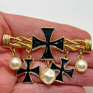 Vintage Black Enamel Cross Imitation Dangling Pearls Bar Brooch Costume Jewelry